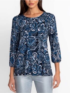 Johnny Was The Janie Favorite Puff Sleeve Shirt Sz XS Blue Feathery Floral Print